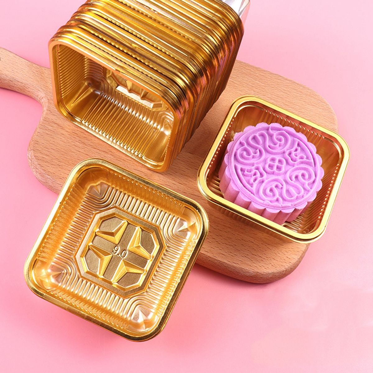 100Pcs Vierkante Maan Cake Trays Mooncake Verpakking Gebak Decoratieve Accessoires Gouden Plastic Taart Doos Voor Ei-Yolk bladerdeeg Dozen: gold XL