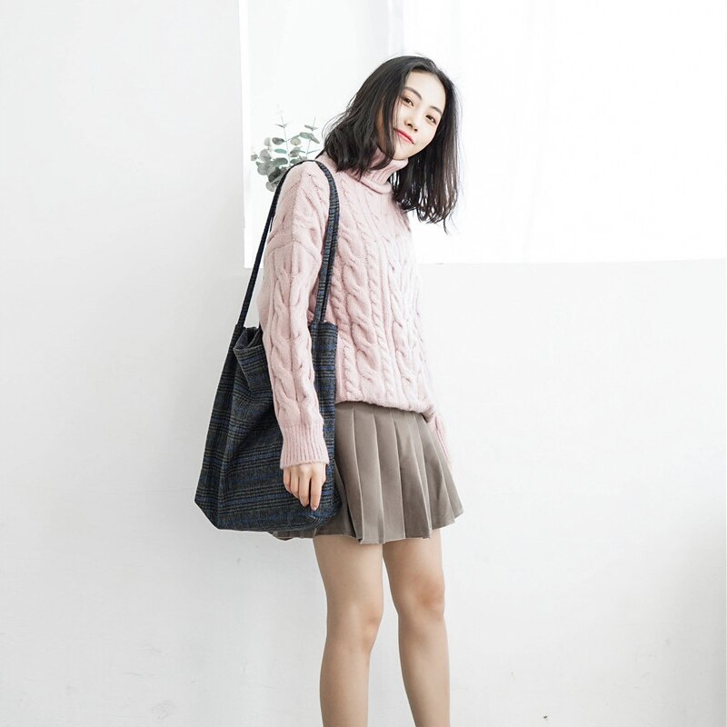 Outono & inverno das mulheres de lã lona bolsa de ombro senhoras do vintage xadrez bolsa totes feminino algodão lã pano sacos de compras