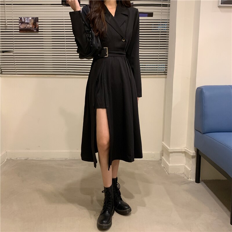 Vintage punk bandage maxi klänningar för kvinnor streetwear balck lång kavaj klänning med skärp koreansk stil långärmad klänning