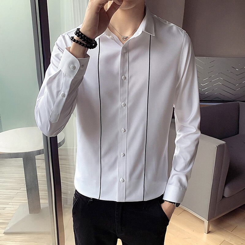 Lente en herfst heren lange mouwen gestreept shirt wit zwart heren top slim camisa s-xxxl