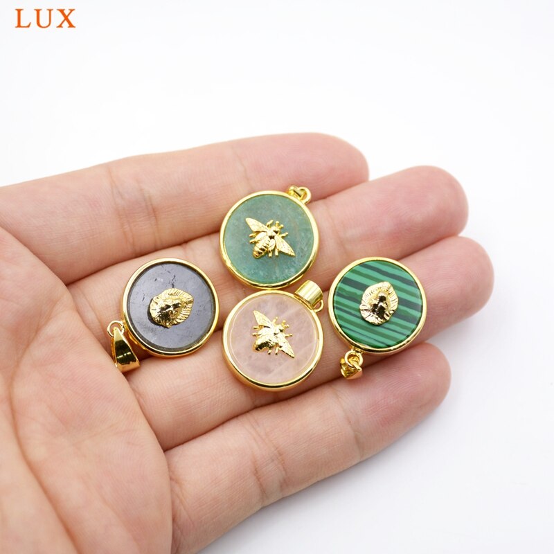 Bee Lion Round Gems stone Pendants Gold-Plated amethysts Rose Quartzs Lapis Amazonite Black Onyx Agates Coin Charms For Jewelry