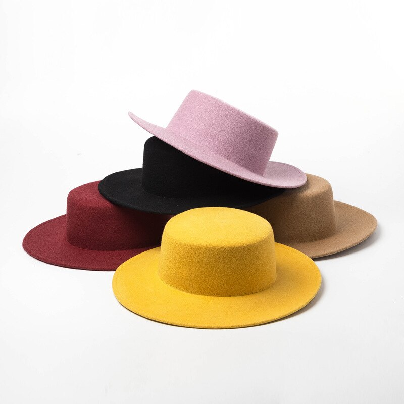 Neue Winter Flache oben Fedoras Hüte Für Frauen Männer Einfarbig Wolle Jazz Kappe Breiter Krempe Damen Elegante Kappen Bowler Hüte Kap