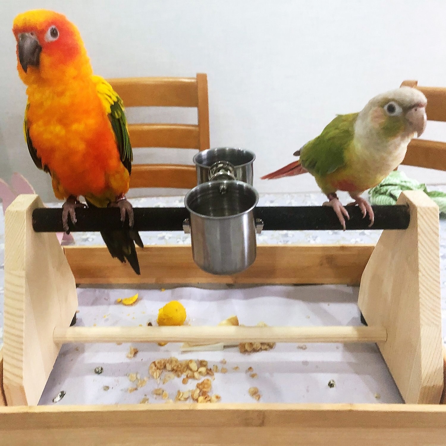 Papegøje spille træstativ fugleslibning aborre bordplatform fuglebur stativer feeder fad kop bærbar legeplads små cockatiels