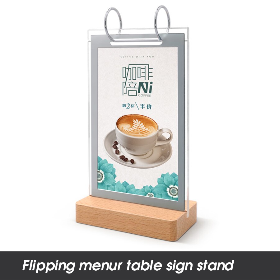 100*150mm akryl dobbeltsidet flip træ base bord kortskilt holder display stativ ramme restaurant menu papir prisliste  a6