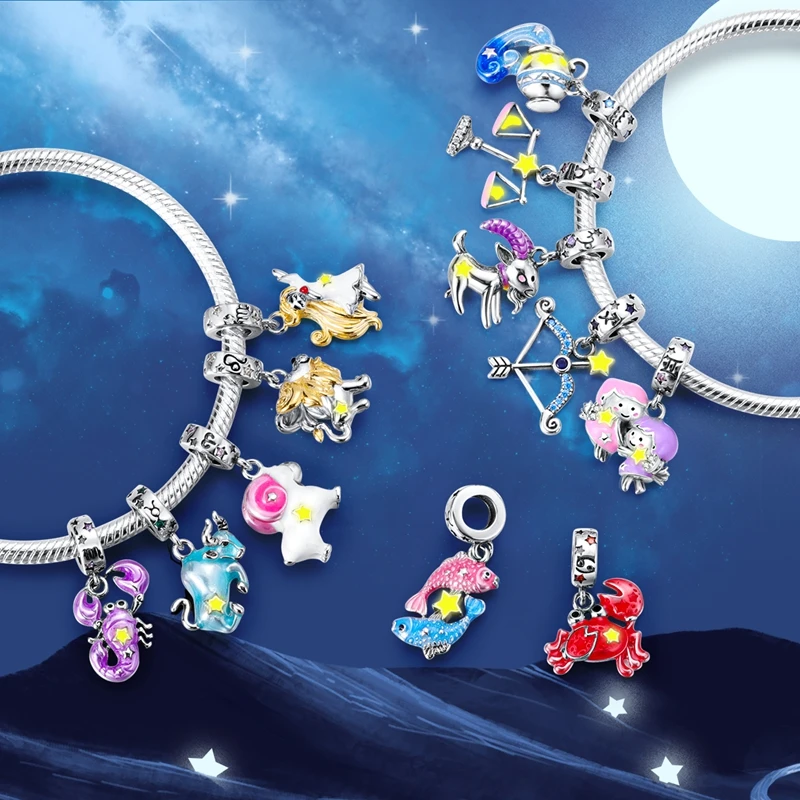 Signos do zodíaco encantos originais 925 prata esterlina brilho no escuro pingentes contas caber pulseira diy jóias presente de aniversário para mulher