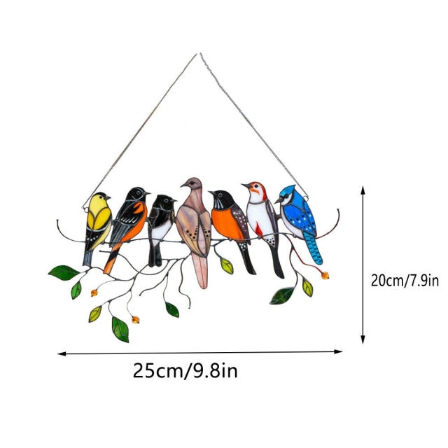 Stained Glass Birds-on-a-wire Window Panel Hanging Sun Catcher: 7 birds