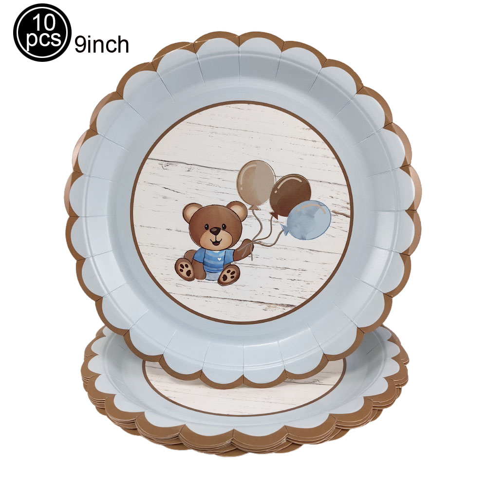 Decoración de temática de oso marrón azul, plato de 7 "/9", servilleta, taza, vajilla desechable para Baby Shower, decoración de cumpleaños con tema de oso