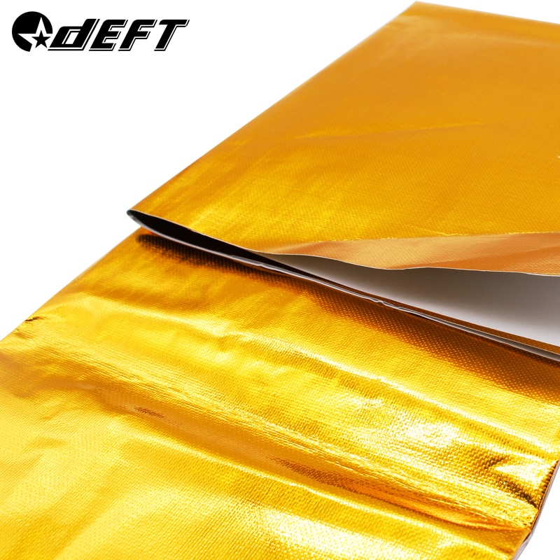 Deft 100 x 100cm självhäftande reflekterande guld hög temperatur avgas värmesköld wrap tejp isolering klistermärken bil styling