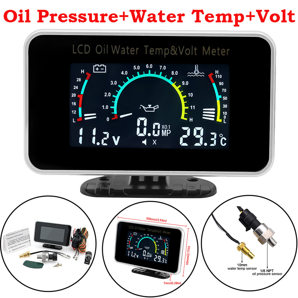 2 In 1 / 3 In 1 / 4 In 1 LCD Digital Oil Pressure Gauge Voltmeter Fuel Level Meter 1/8 NPT Oil Press Sensor + Water Temp Sensor: WHITE