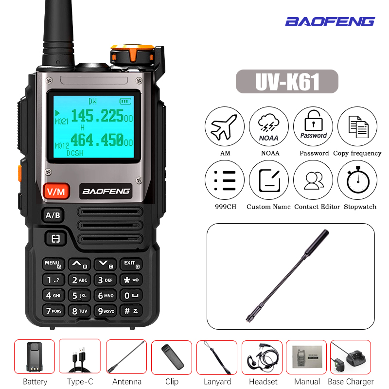 Baofeng-UV-K61 Walkie Talkie, Multi Band, Frequência de cópia sem fio, 999CH, carregador tipo C, UHF, VHF, NOAA, UV-5R, UV K6, K: ROXO / American