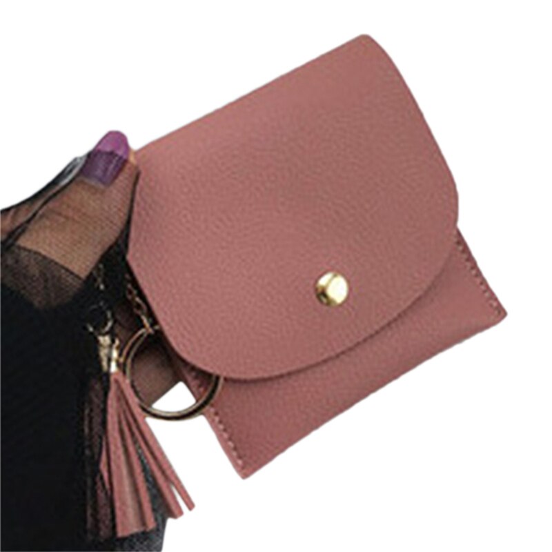 Wallets Women Coin Purse Ladies Pu Leather Tassel & Metal Ring Clutch Keychain Thin Key Bag Card Holders Mini Pouch: Dark pink