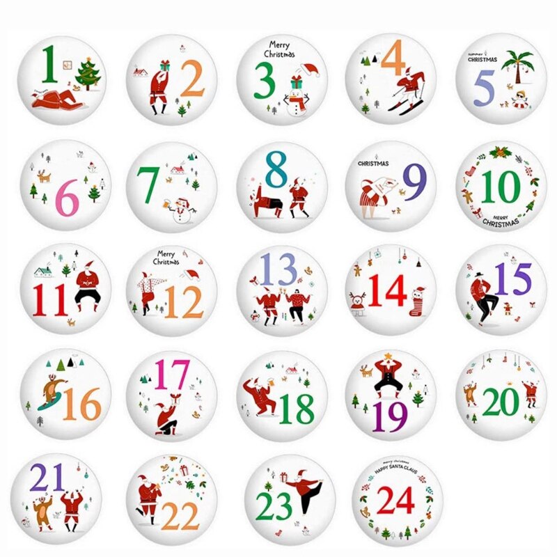 24Pcs Merry Christmas Button Pins Advent Calendars Numbers Label Plastic Badges Brooch for DIY Xmas Bag Decoration