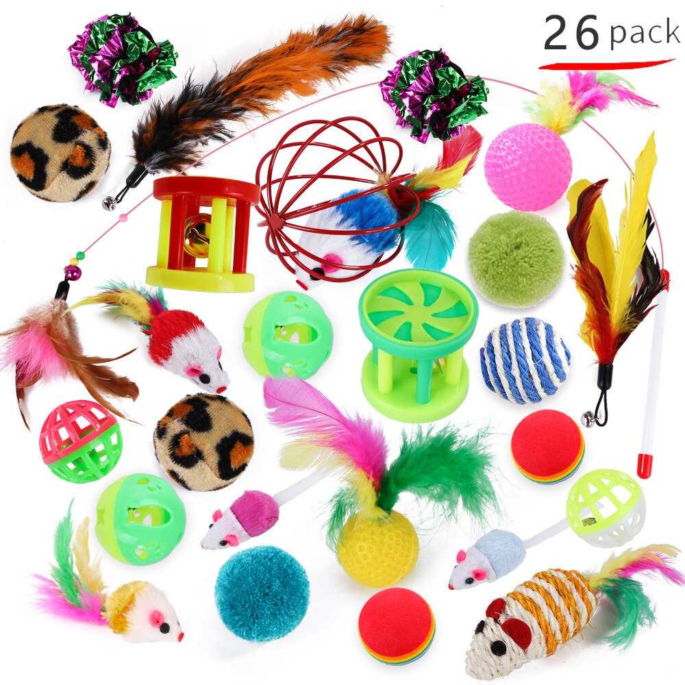 Jouets en forme de souris pour chat, boules en forme de souris, formation pour chaton, ensemble de jouets amusants interactifs, bâton d'herbe à chat, boule de cloche en Sisal, fourniture pour animaux de compagnie,: 26pcs cat toys