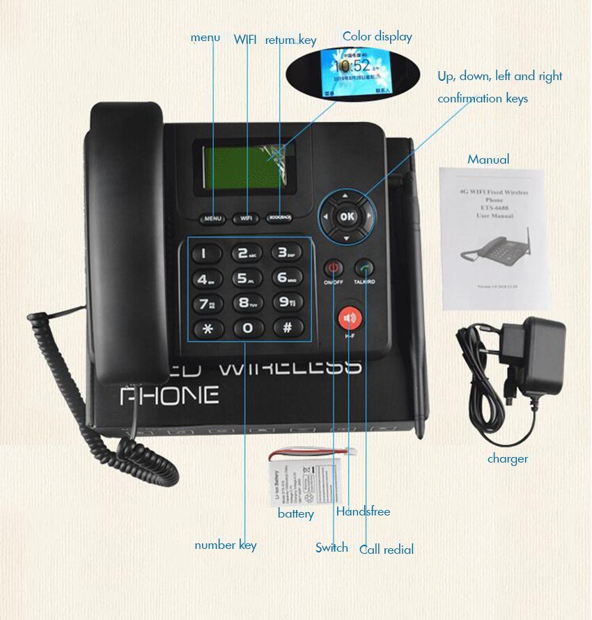 Desktop Gsm Wireless Telephone Corded Phone with SMS &amp; FM Radio Function, MP3, Charger for Home Office, English French Spanish