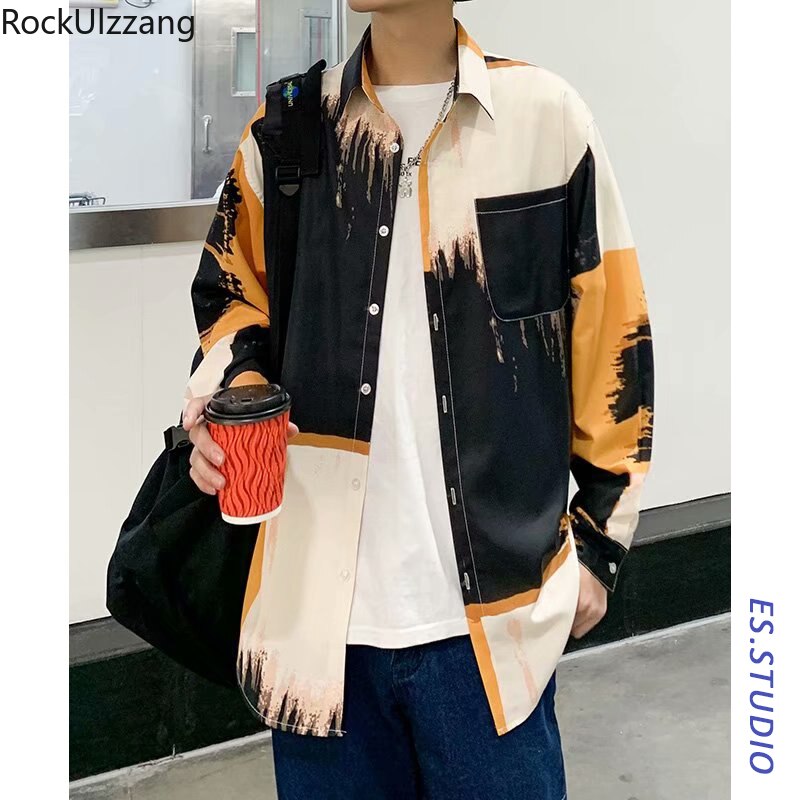 Plus Size Long Sleeve Harajuku Top Shirt Men Woman Contrast Tie Dye Print Pocket Blouse Streetwear Hip Hop Japanese Punk
