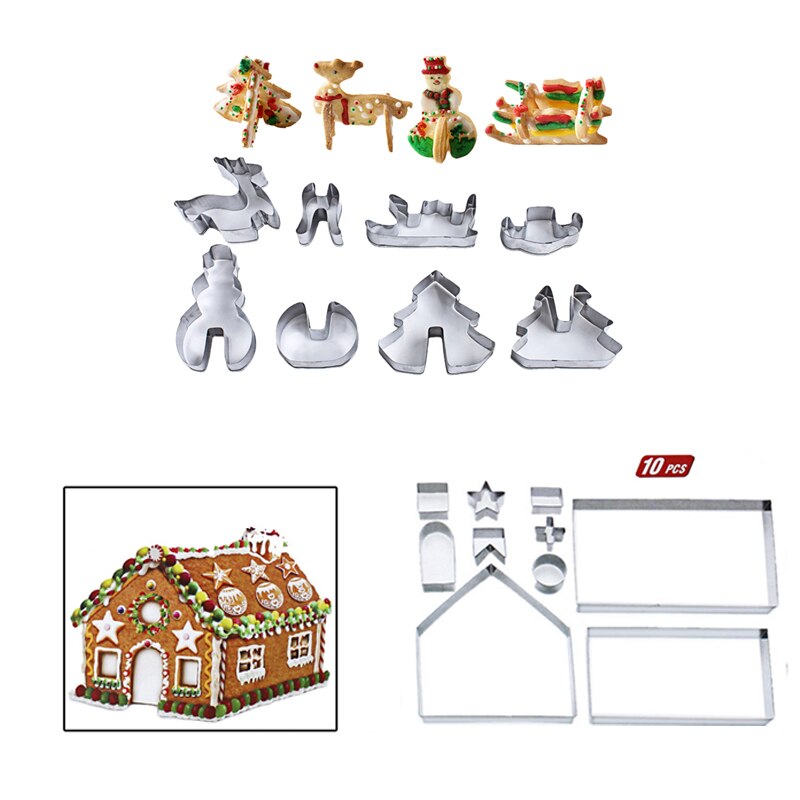 8/10 stuks 3d roestvrijstalen kerstdecor uitstekers en uitstekers set koekjesvorm fondant koekjesvorm bakgereedschap