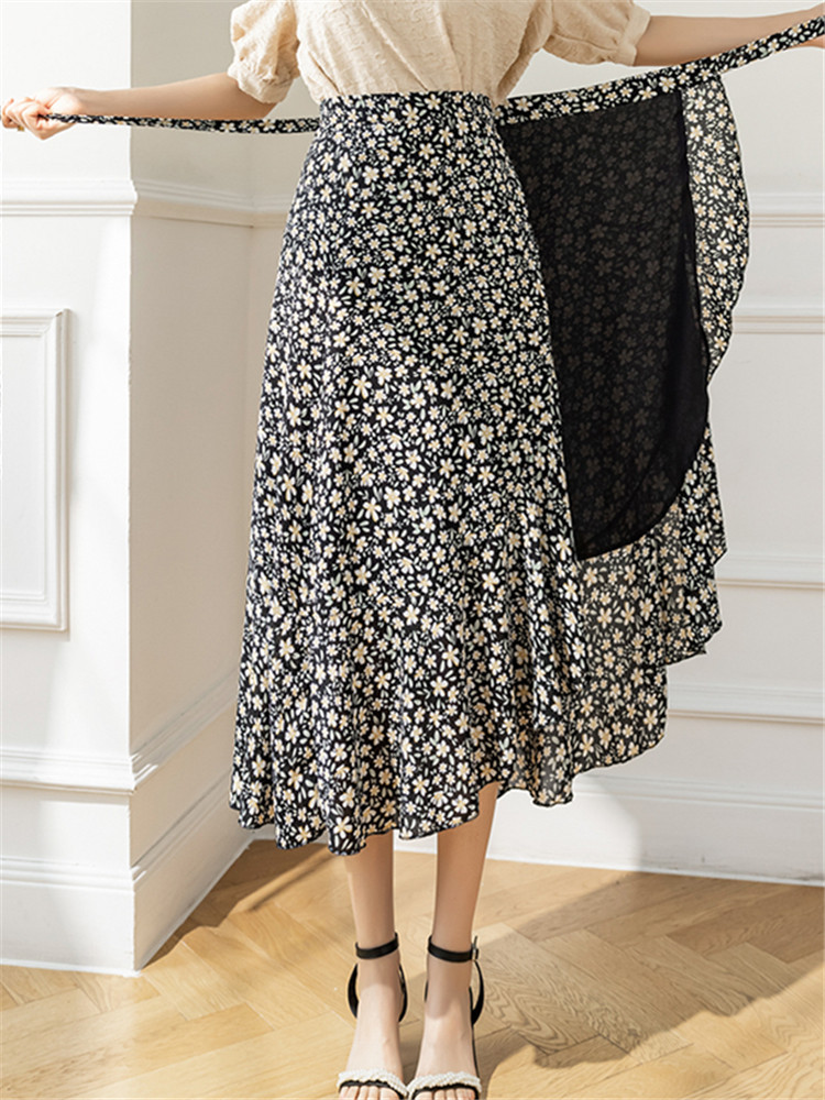 REALEFT nuevas faldas acampanadas con estampado de flores bohemias 2024 verano primavera cintura alta Vintage faldas de una pieza de longitud media para mujer