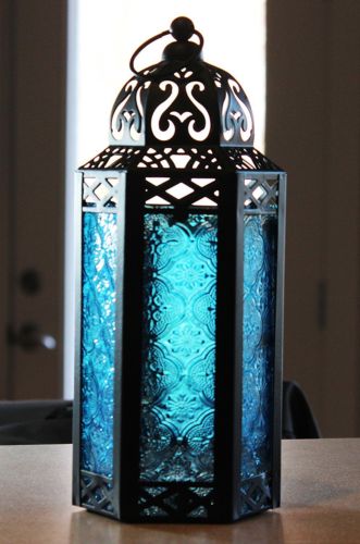 Support de lampe bougie en verre, 11.5 pouces, lanterne photophorique en métal, pièce centrale, décoration de jardin ou de Patio, de Style marocain: Blue