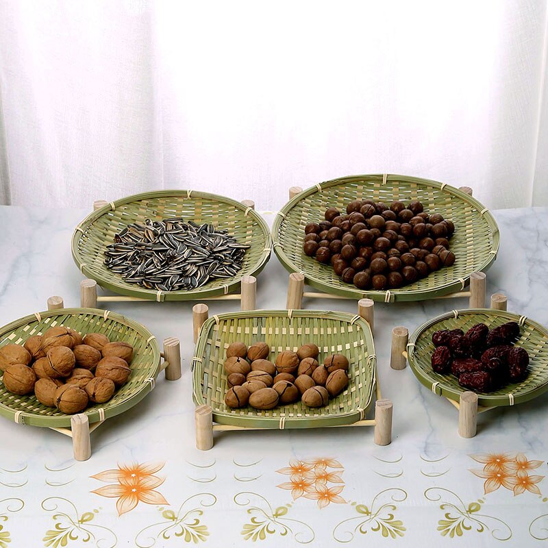 Handmade bamboo small bamboo basket snacks fruit basket fruit bowl shelf small round wooden shelf snack tray WF1025158