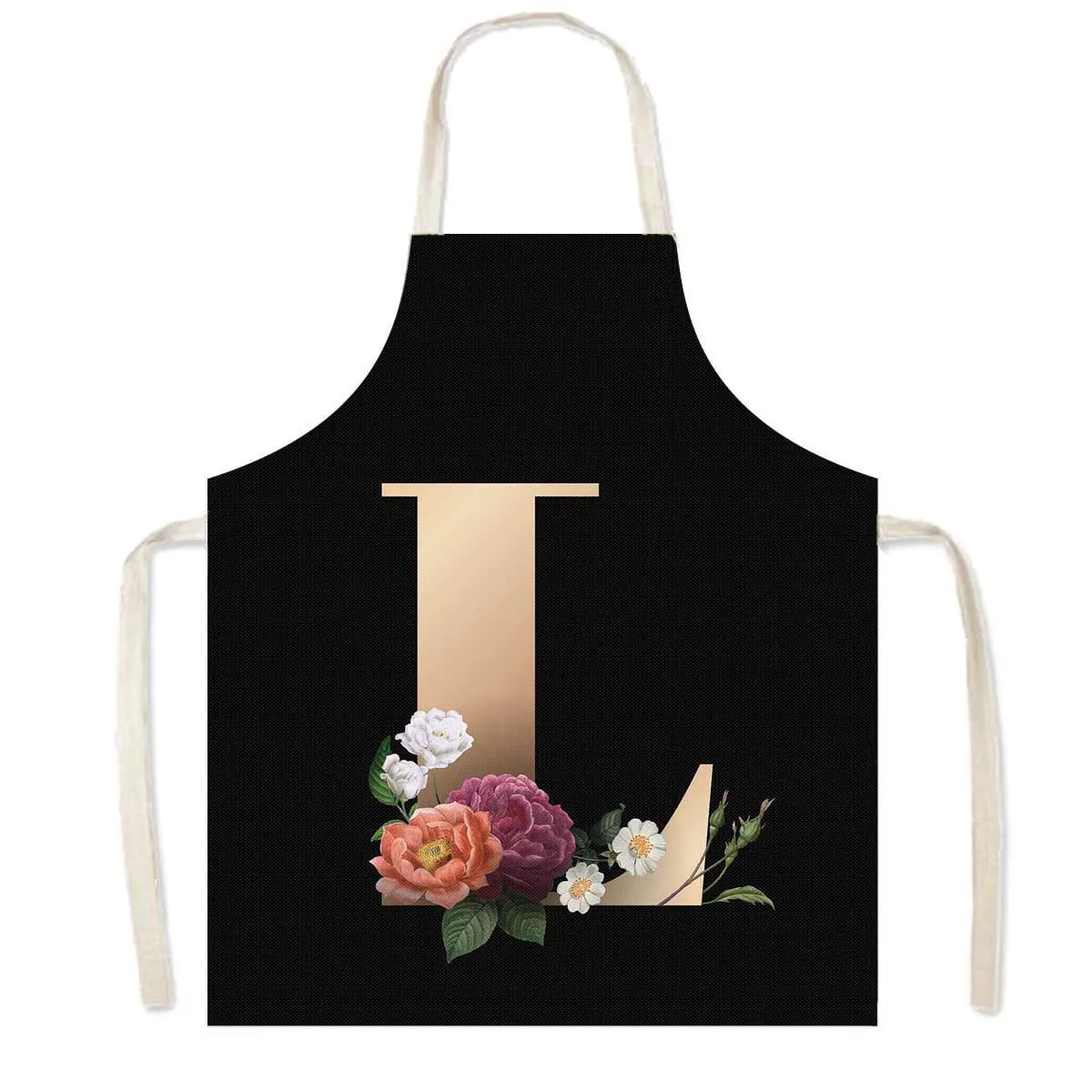 Delantal de cocina con estampado de flores y 26 iniciales, delantales de cocina con letras de A-Z para mujer, Chef de barbacoa, camarero, herramienta de limpieza para hornear en casa, delantal