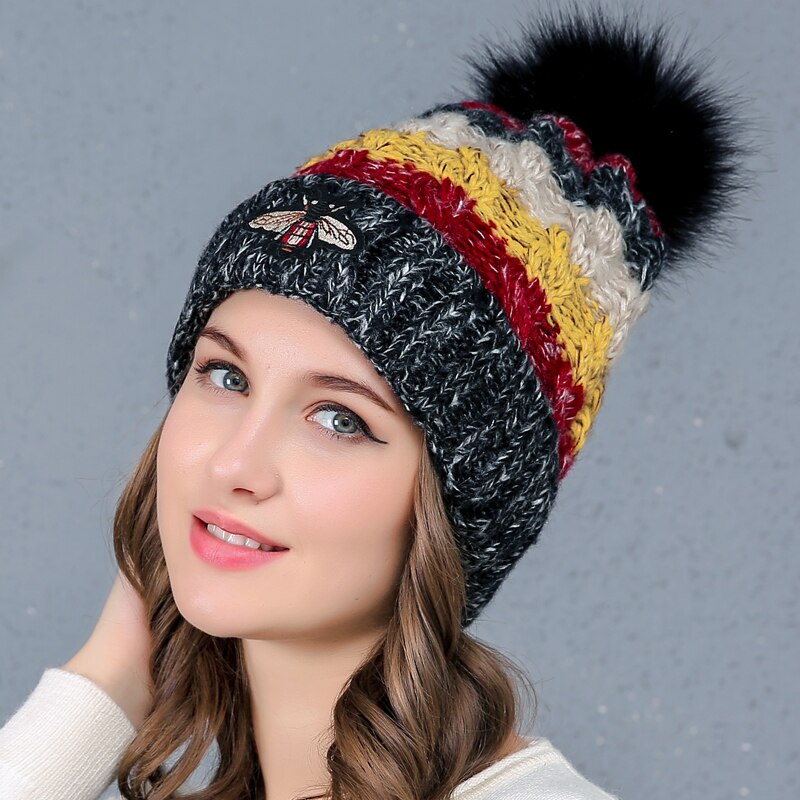 Dame vinter strik slouchy hue hue varm kraniet ski kasket imiteret pels pom pom hatte: Default Title