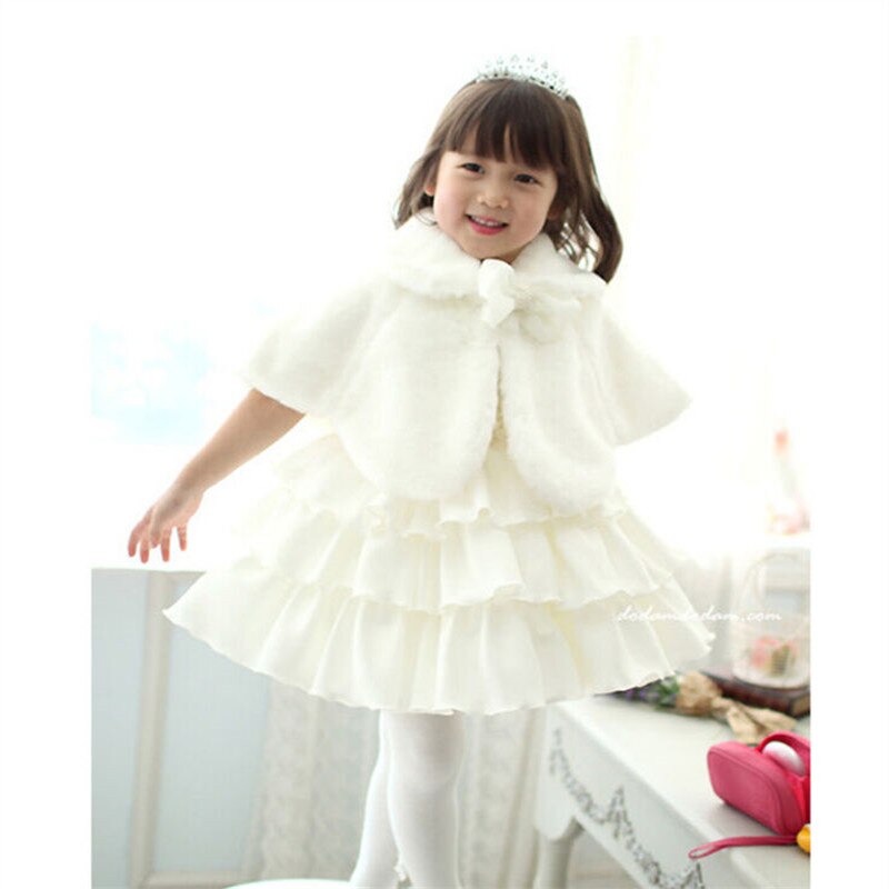 Capa de piel sintética abrigada para invierno para niñas, capa de pelo sintético blanco con lazo para boda o , abrigo clásico de pelo de imitación para niñas
