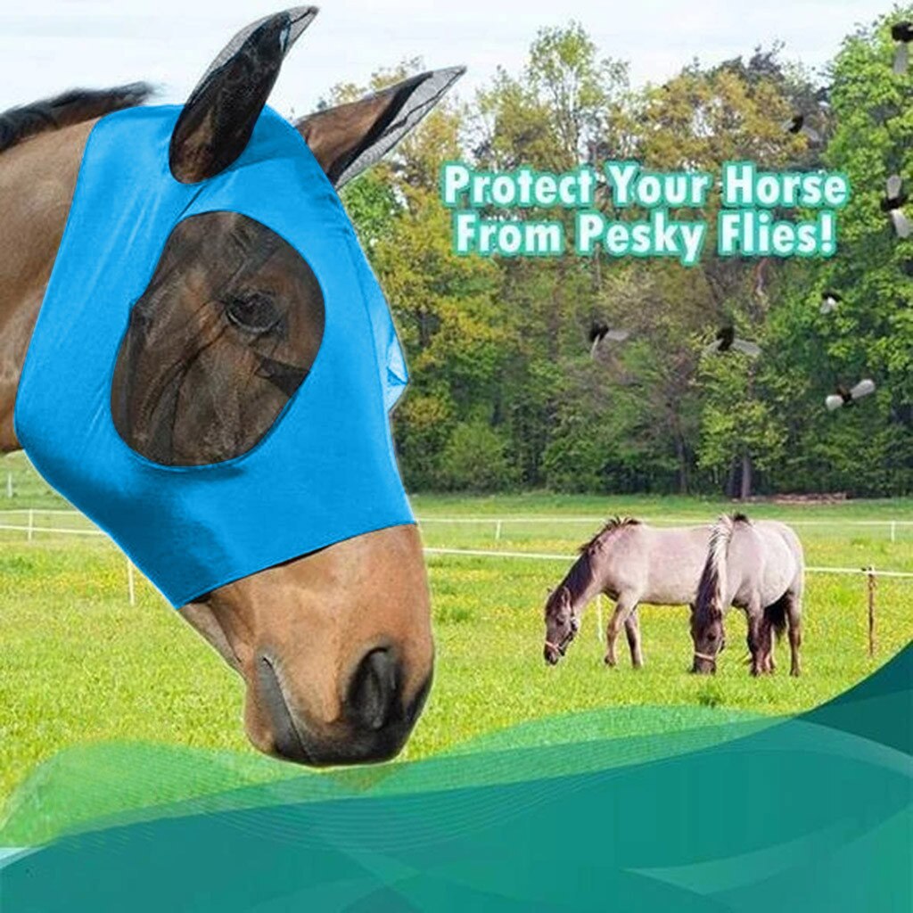Anti-myg hest fuld ansigtsmaske med næsebetræk hest ansigtsbeskyttelse maske beskytter øjne og ører #0715 ljc: Blå
