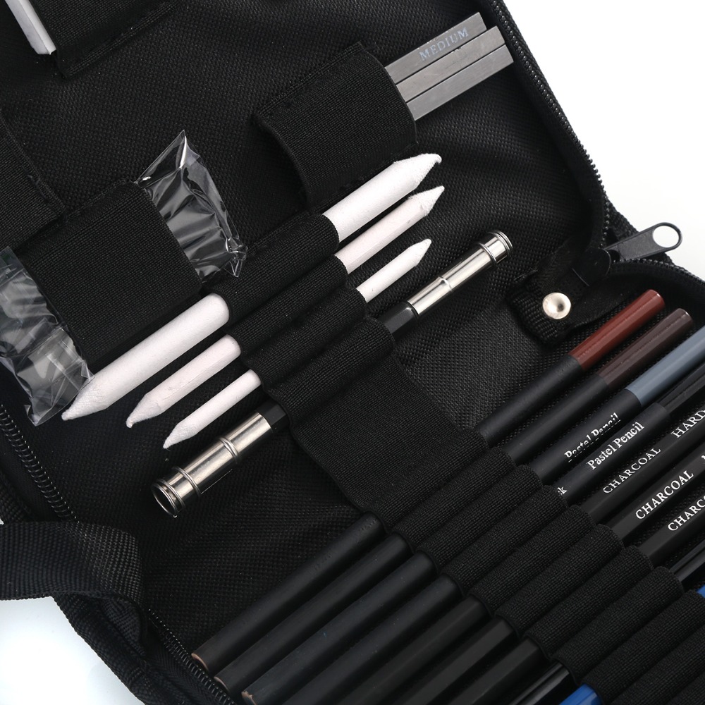Arte lápiz Set 40 Uds sus lápices de grafito Set completo Kit de dibujo incluye carbones Pastel con cremallera funda de transporte