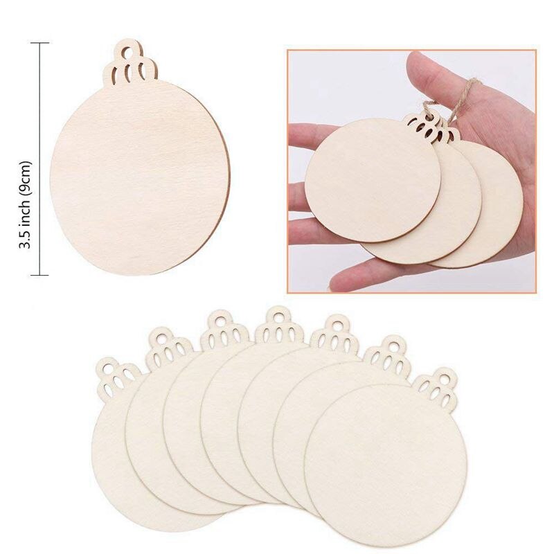 50pcs DIY Craft Wooden Round Bauble with 50pcs Twines to Paint, Unfinished Christmas Hanging Ornaments Natural Blank Wood Discs