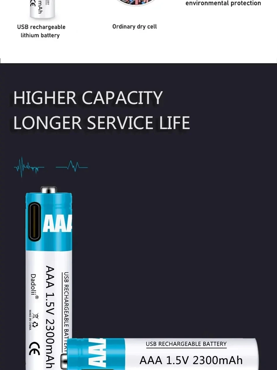 Nueva batería recargable AAA de 1,5 V, batería AAA recargable de 2300mAh, batería de polímero de litio, carga rápida mediante Cable USB tipo C
