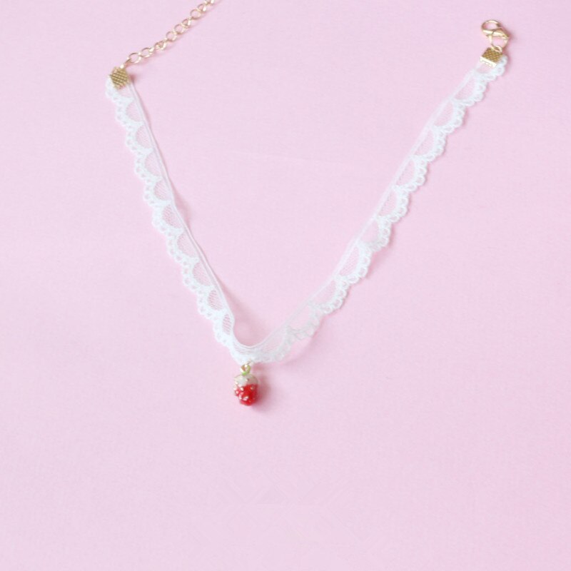 Harajuku Accessoires Wit Kant Zoete Aardbei Choker Ketting Voor Vrouwen Lolita Kawail Charm Asethetic Sieraden Party