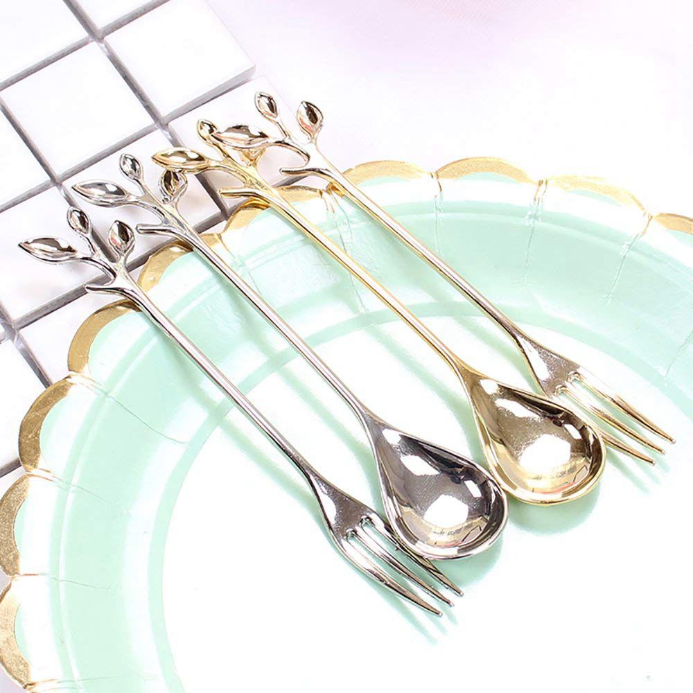 4 stuks Servies Bladgoud Koffie Lepel Vork Weinig Demitasse Espresso Lepel en Voorgerecht Dessert Vorken Set