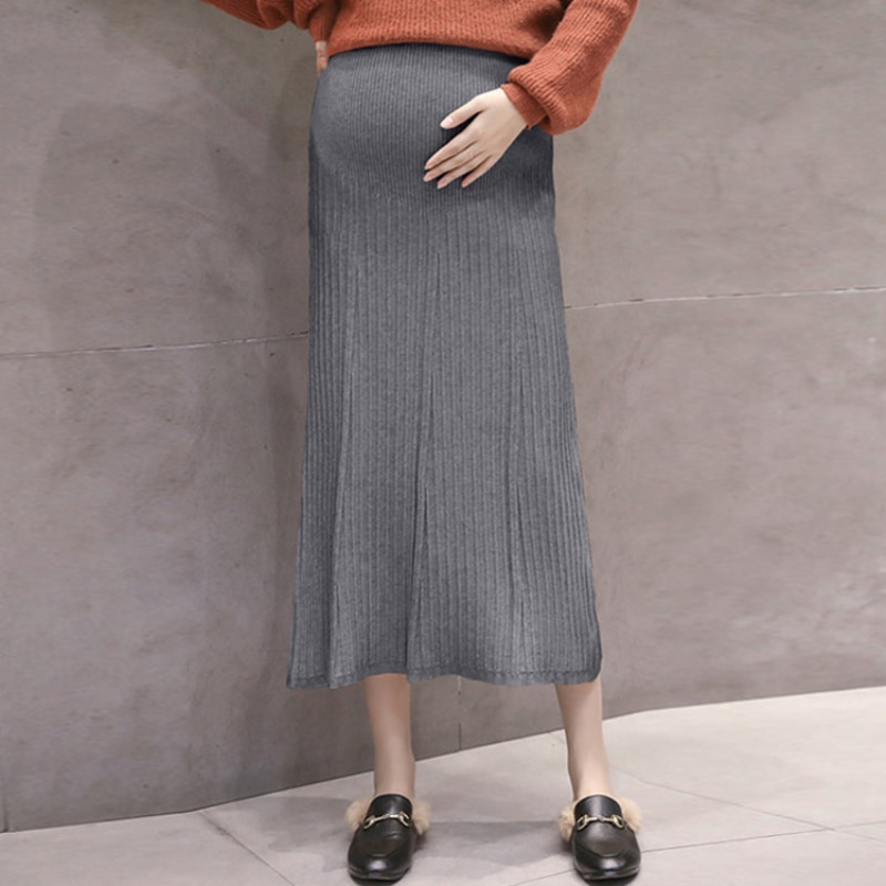 Gravide kvinder strikket nederdel høj talje solid midi lange nederdele graviditet barsel vinter forår tøj plisseret