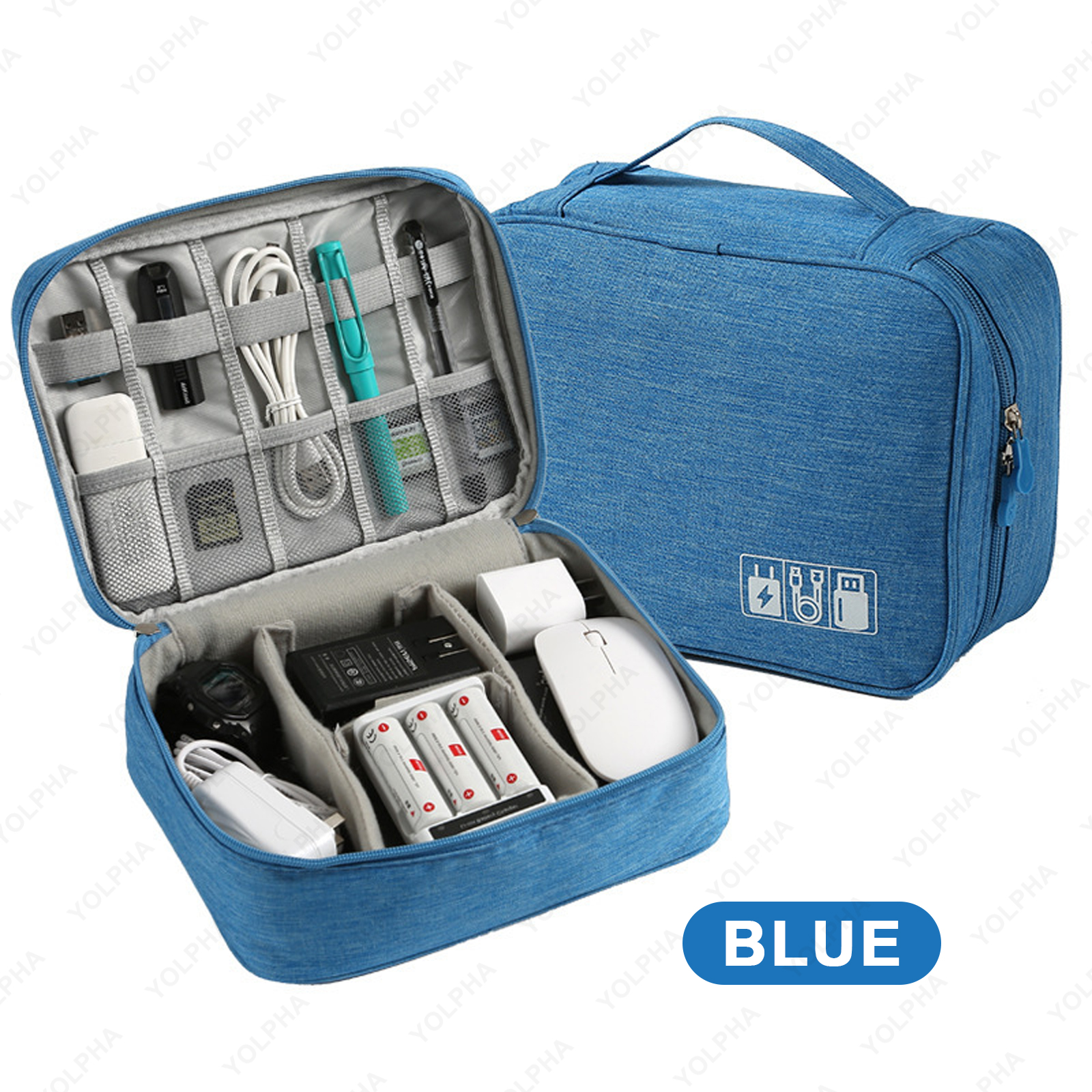 Bolsa organizadora de cables de viaje, estuche para accesorios electrónicos, bolsa de almacenamiento de cables portátil de doble capa para cargador de teléfono, FlashDrive: Azul