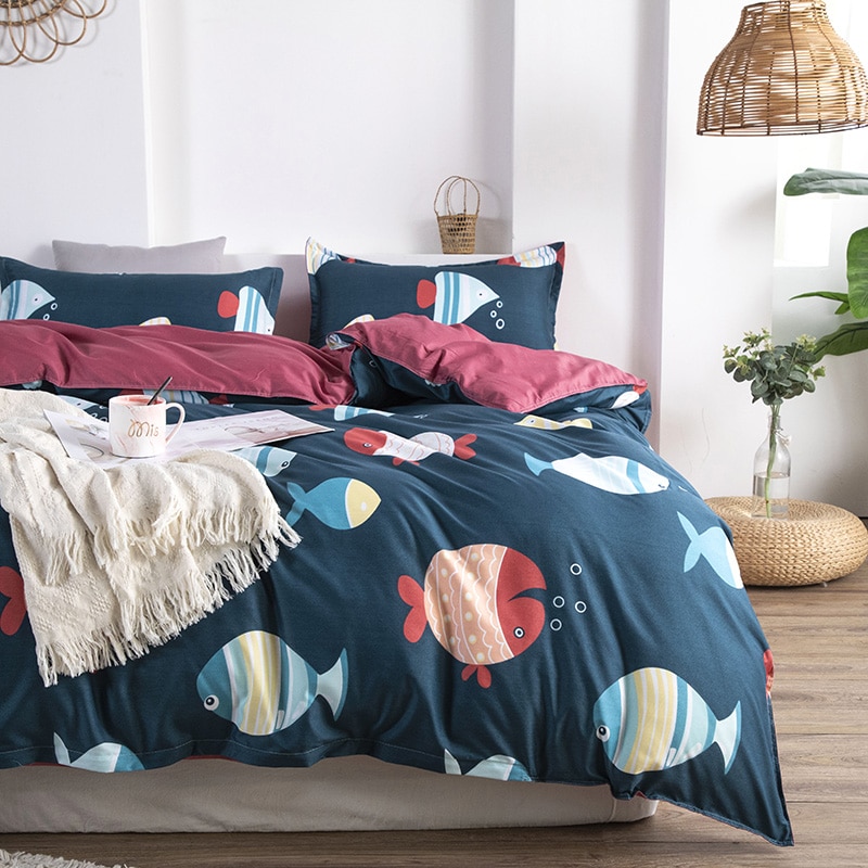 Dessin animé poisson motif housse de couette 220x240 taie d'oreiller 3 pièces housse de couette 175x220 parure de lit, couverture de lit couverture rouge drap de lit