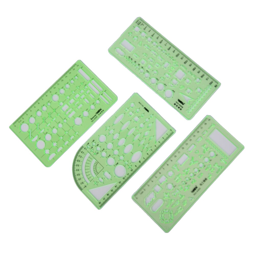 Regla de herramientas de medición de papelería de laboratorio de plástico verde, regla de diez tipos de plantillas, regla de geometría, regla de plantilla de dibujo, suministros escolares 1 unidad