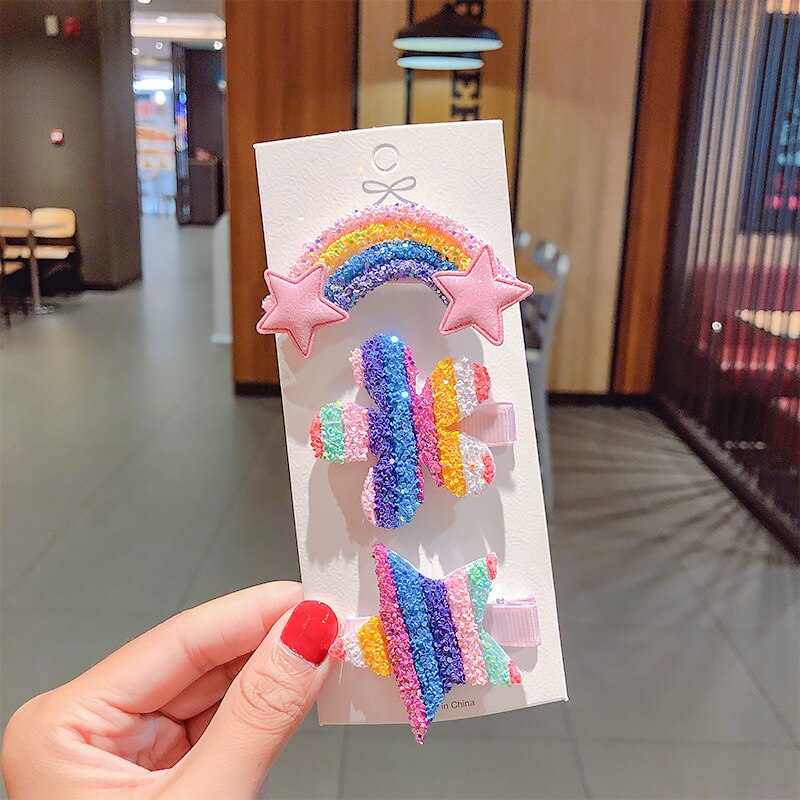 3/5 pièces/ensemble nouvelles filles mignon épingles à cheveux bébé fille doux pinces à cheveux Barrette dessin animé arc-en-ciel étoile fleur cheveux accessoires: 03 3pcs