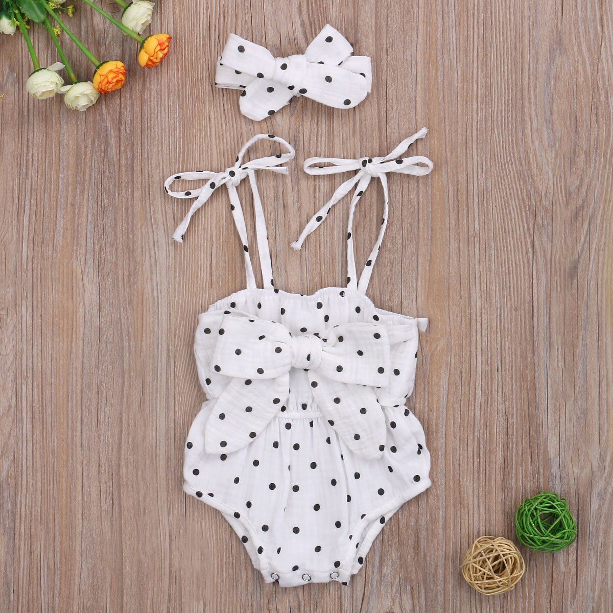 Focusnorm 0-24M Jongens Meisjes Bodysuits Hoofdband 2Pcs Bloemen/Polka Dot Print Mouwloze Strik Riem Jumpsuits
