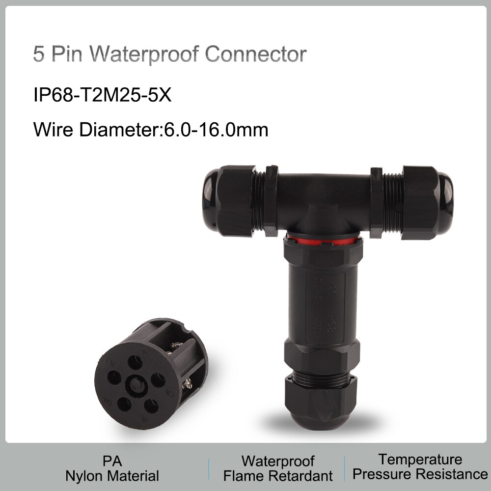 Conector a prueba de agua IP68, forma de E/S/T, 2/3/4/5 Pines, adaptador de Terminal eléctrico, conector de Cable para conexión de luz LED al aire libre: 5X M25 T Shape