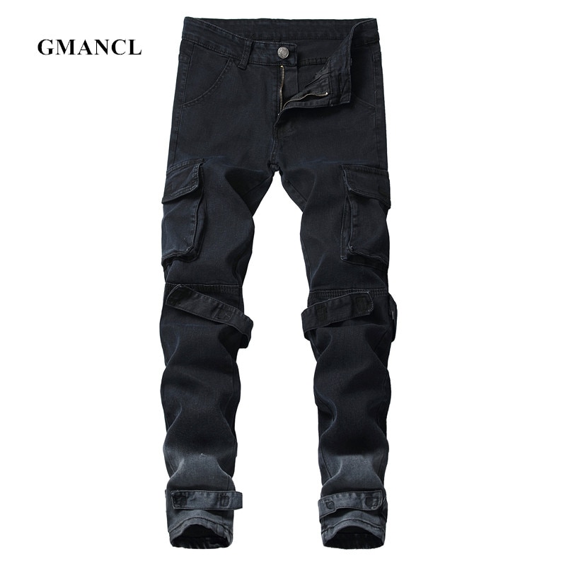 Stretch Denim Men Hip hop Multi-pocket Cargo Biker Skinny Jeans Distressed Slim fit Streetwear Motorcycle male Pencil pants