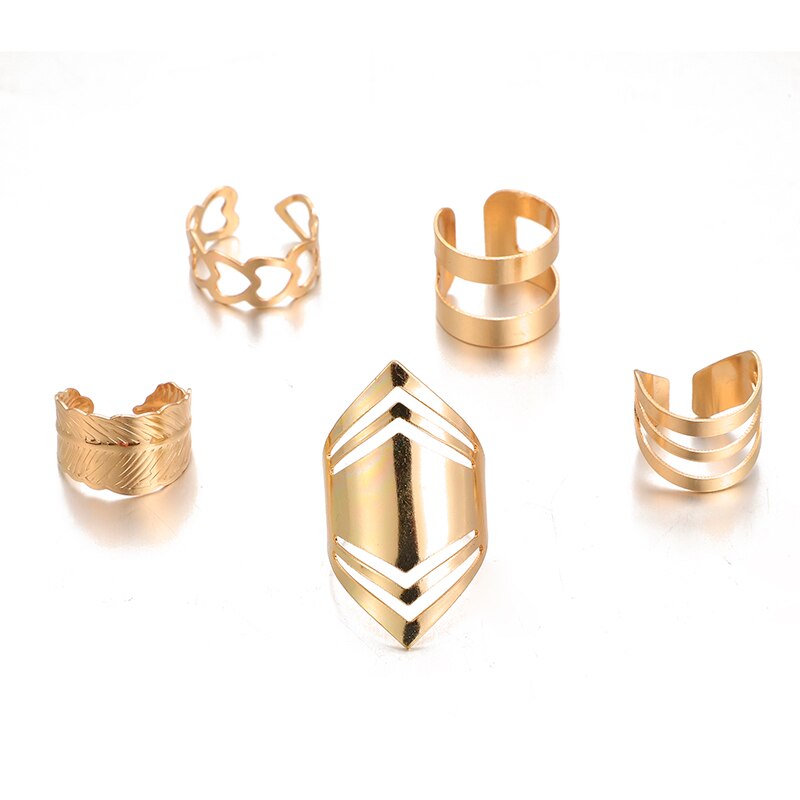 Docona 5 teile/satz Trendy Bague Punk Gemeinsame Kreis Mid-Finger-Ringe Set für Frauen Einstellbare Gold Hohl Partei Ring 2707