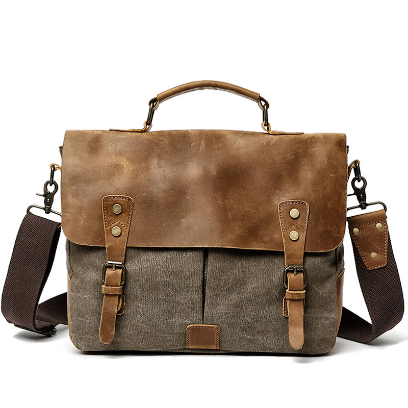 Muchuan heren messenger bags, canvas schoudertas, handtas, crazy horse leren aktetas, retro kantoortas, handgemaakte tassen voor mannen: Legergroen