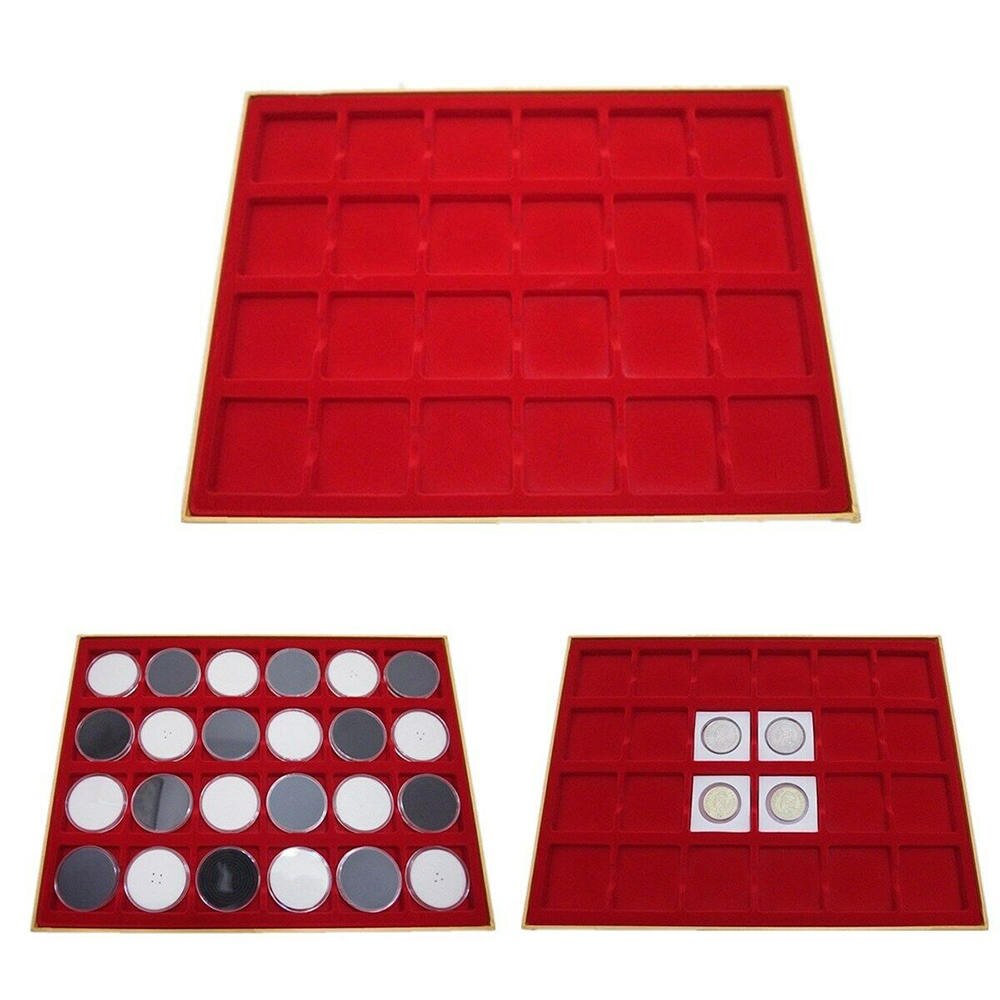 24 Grids Red Display Tray Storage Case For 2''x2'' Cardboard Coin Holders