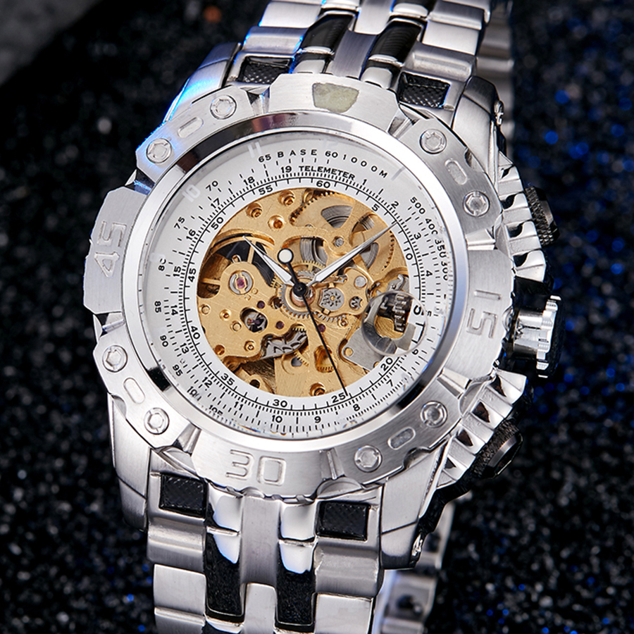 Luxe Zilver Goud Automatische Mechanische Horloge Voor Mannen Skelet Vol Staal Zelf-Wind Horloge Klok Grote Wijzerplaat Relogio Masculino