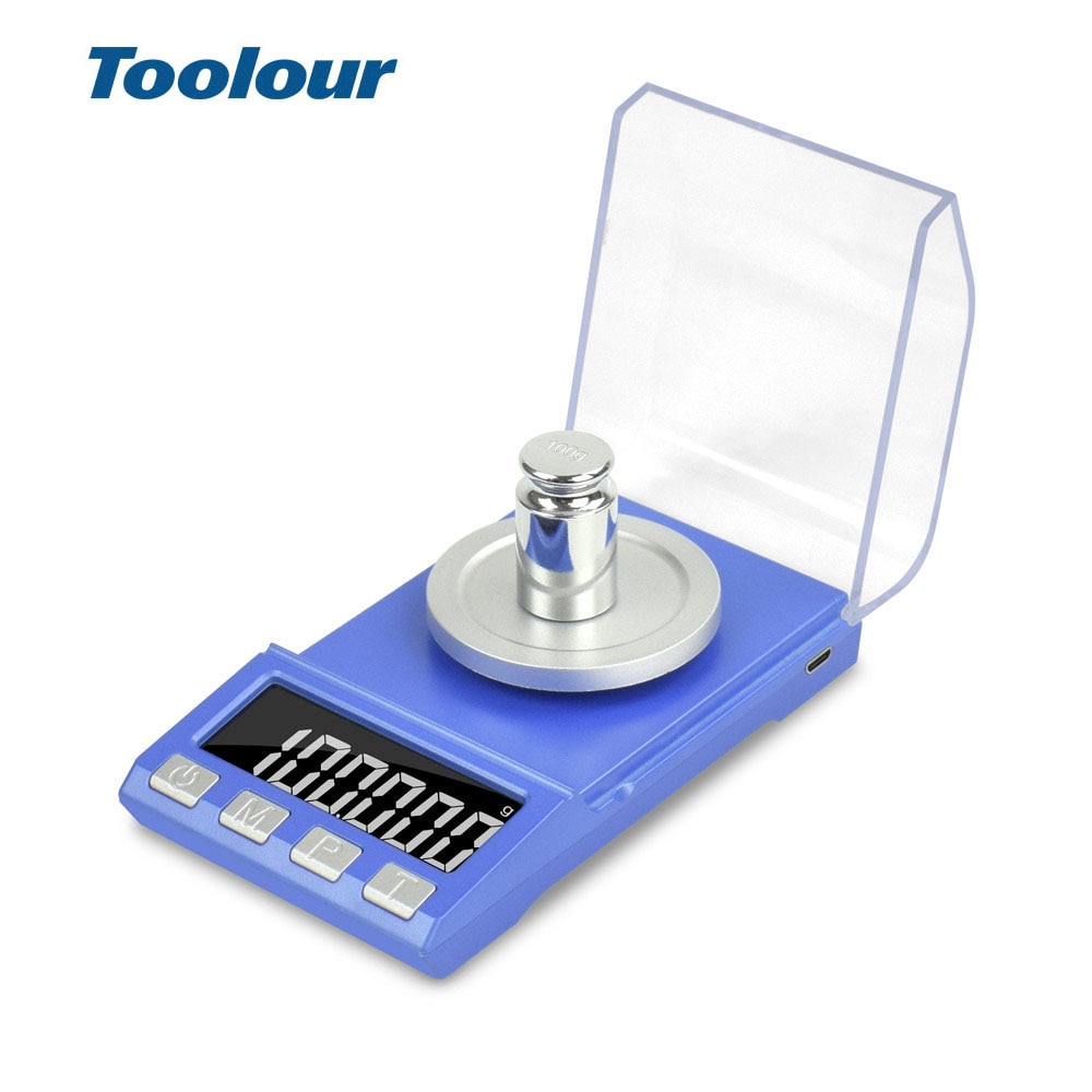Toolour100g/50gX0.001g Mini balanza de precisión para joyería Pantalla LCD portátil Escala de peso de carga USB para el laboratorio de medicina electrónica