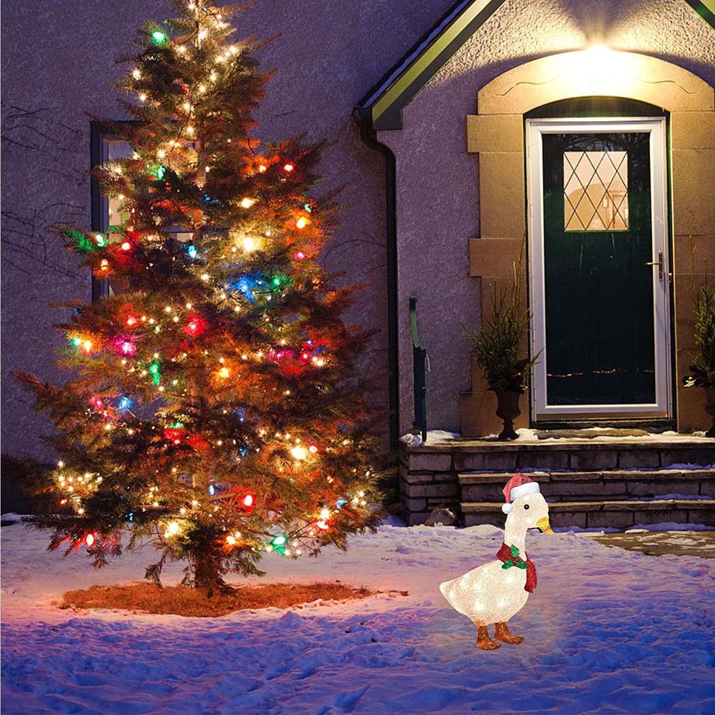 Christmas Lights Duck Statue Animal Art Decorations Garden Yard Ornaments Light-Up Christmas Duck With Scarf Decor