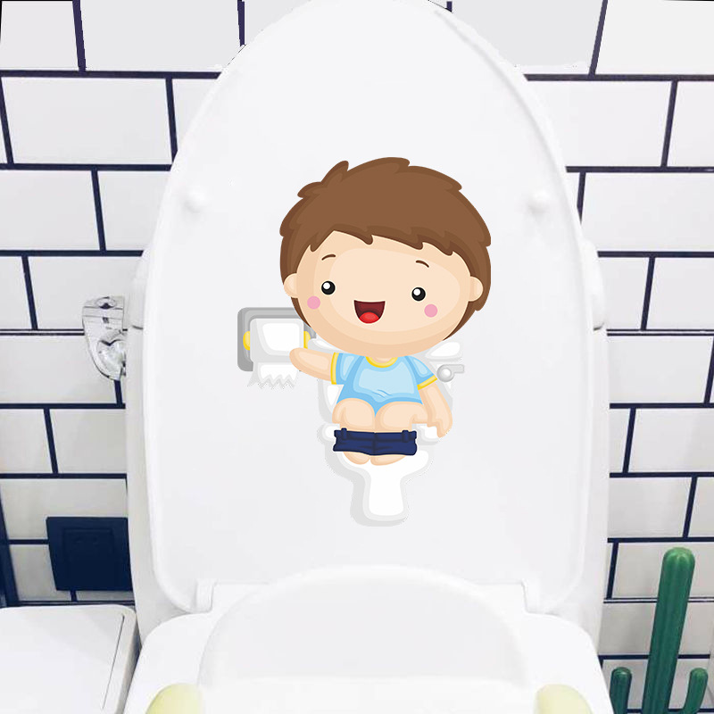 Cartoon Cute Little Boy Squatting Toilet Nursery Toilet Stickers Home Decoration Wall Stickers Self-Adhesive