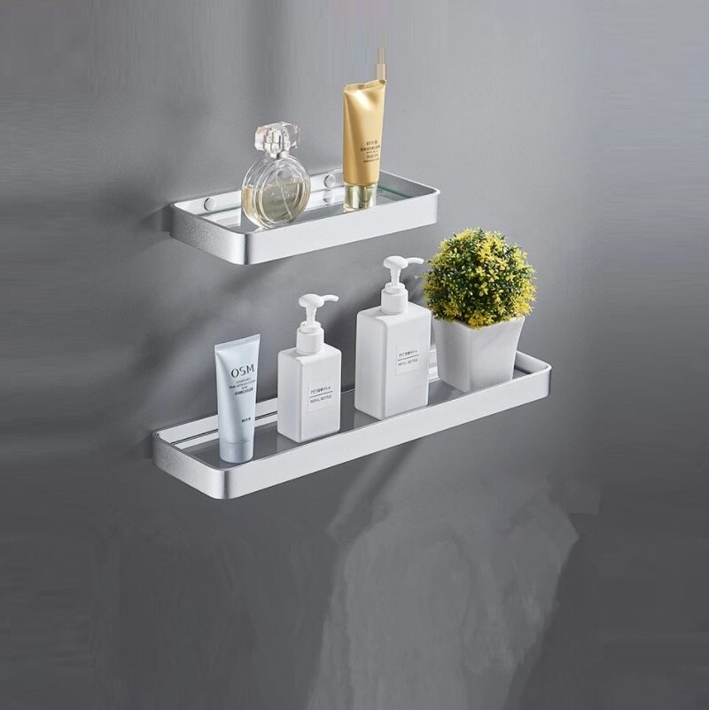 Badeværelseshylde bad bruser hylde søm fri glas hylde satin badeværelse hjørne hylde 25-50cm aluminium køkken opbevaring holder