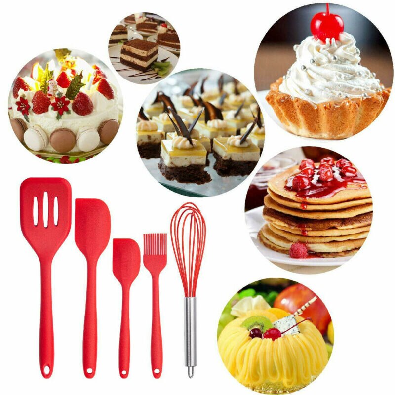 10Pcs Silicone Keukengereedschap Farberware Spoonula Spatel Lepels Turner Garde Koken Gereedschap Rood Zwart