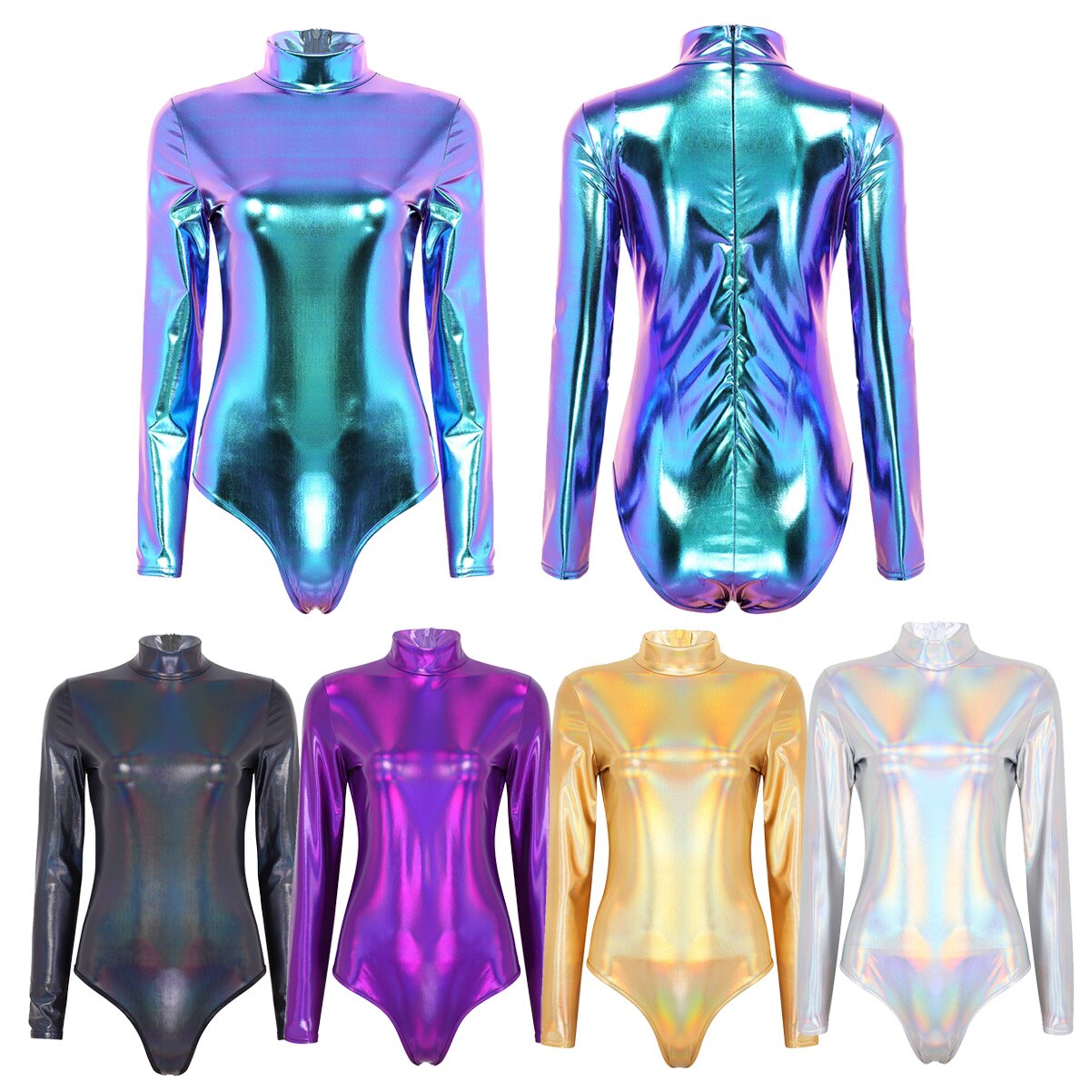 gymnastics leotard metallic gymnastics clothes holographic dance leotard for women long sleeve high neck shinny ballet leotard